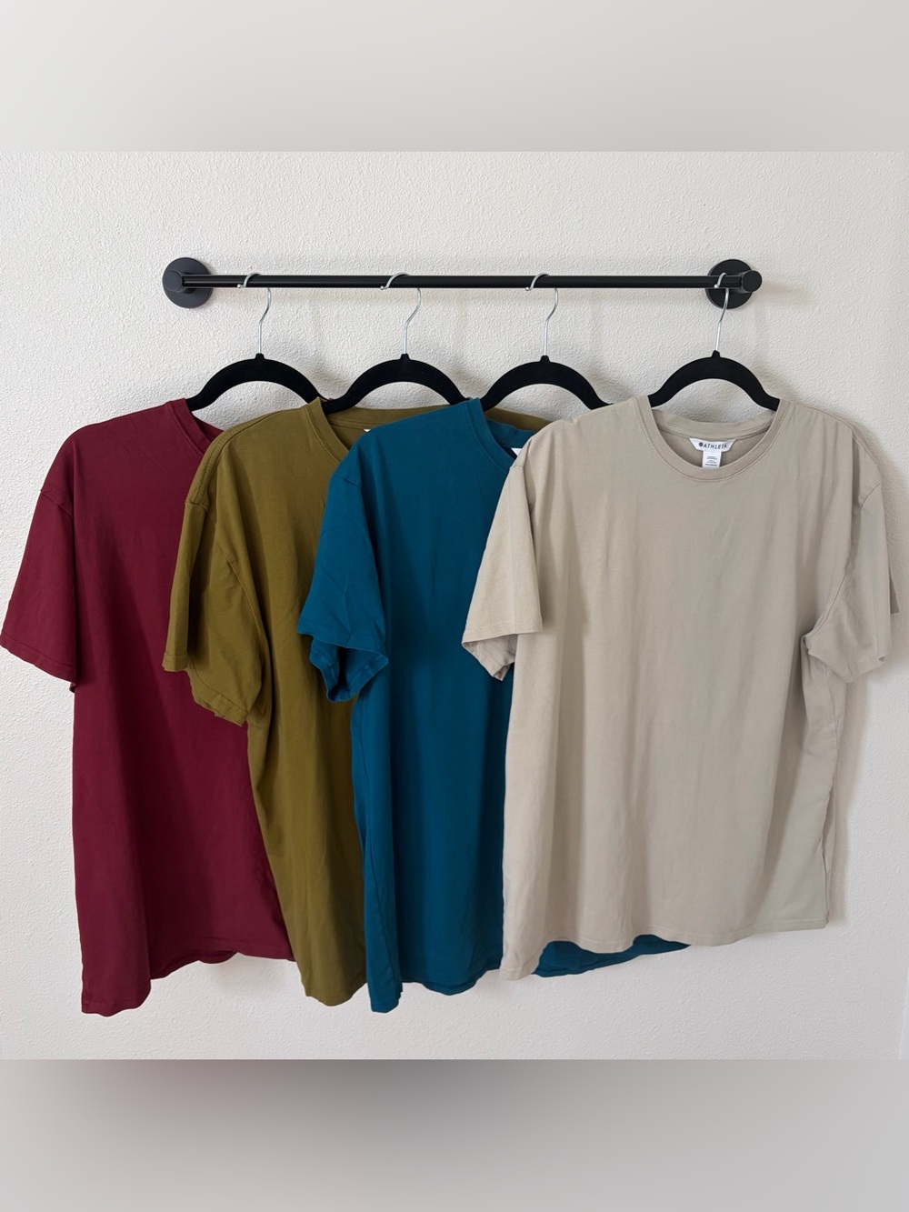 Athleta True Cotton Tee Set of 4 — Burgundy, Olive, Coastal Teal & Ecru | Size L